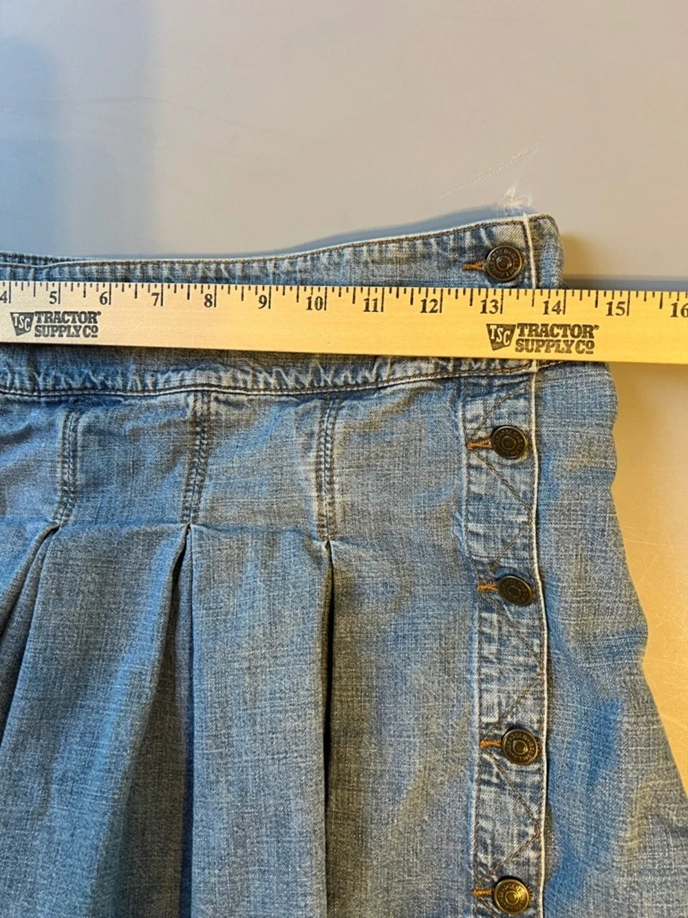 Vintage Ralph Lauren Light Blue Denim Pleated Skater Skirt with Side Buttons 14